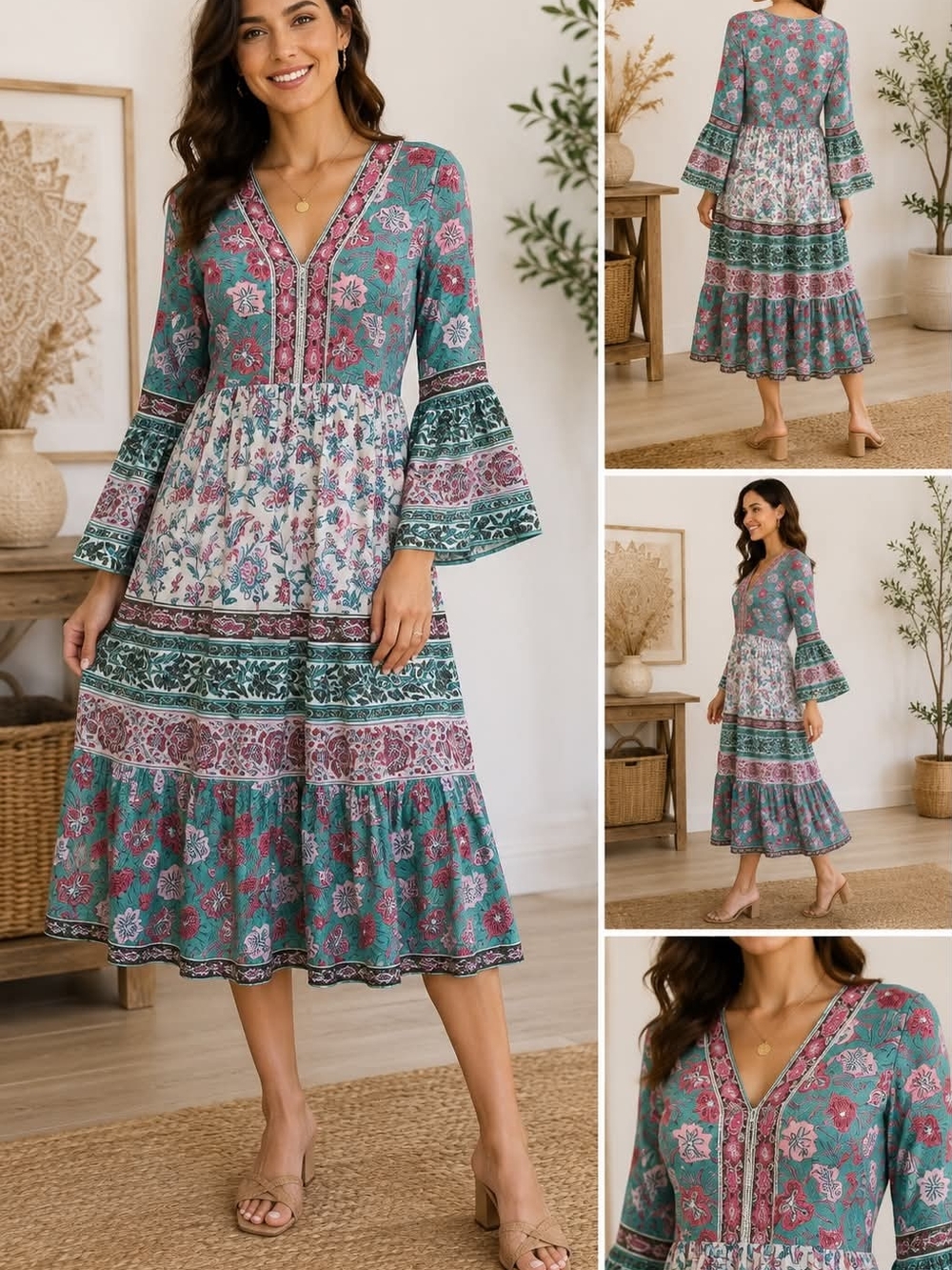 Bella Tu Green Pink Floral Block Print Bell Sleeve Midi Dress XS